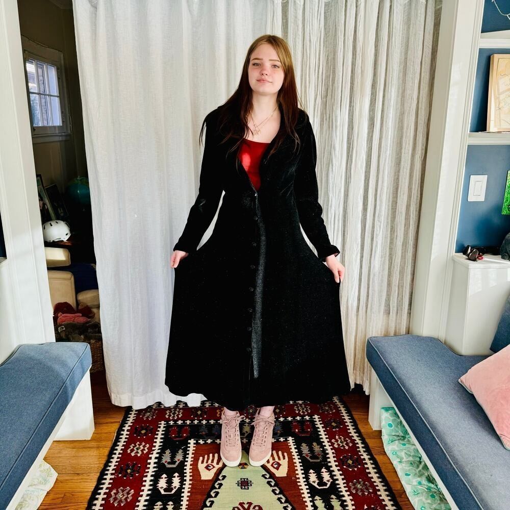 Vintage Black Chennile Nancy Jemio Long‎ Sweater Coat / Dress